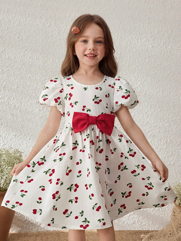Young Girls Countryside Vacation Butterfly Decor Fruit Print Puff Sleeve Dress Young Girls Countryside Vacation Butterfly Decor Fruit Print Puff Sleeve Dress
