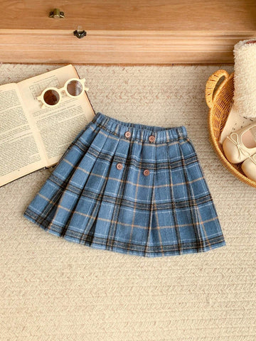 Blossori Young Girls' French Elegant Blue Plaid Pleated Loose Elastic Waist A-Line Skirt, Autumn/Winter Blossori Young Girls' French Elegant Blue Plaid Pleated Loose Elastic Waist A-Line Skirt, Autumn/Winter