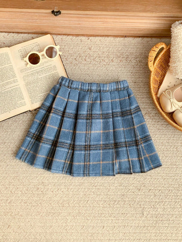Blossori Young Girls' French Elegant Blue Plaid Pleated Loose Elastic Waist A-Line Skirt, Autumn/Winter Blossori Young Girls' French Elegant Blue Plaid Pleated Loose Elastic Waist A-Line Skirt, Autumn/Winter