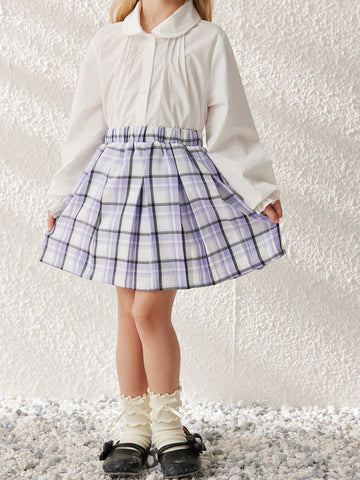 Blossori Young Girls Pleated Purple Plaid Flared Skirt With Elastic Waistband, Autumn/Winter Blossori Young Girls Pleated Purple Plaid Flared Skirt With Elastic Waistband, Autumn/Winter
