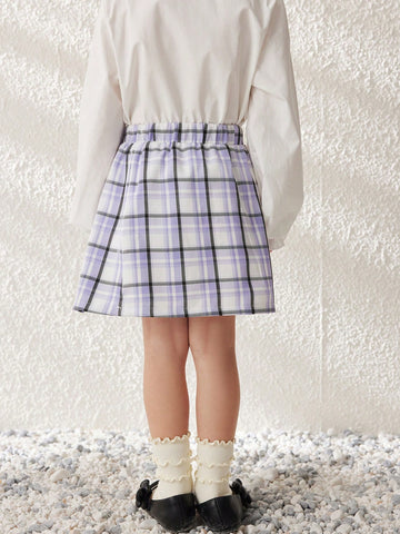 Blossori Young Girls Pleated Purple Plaid Flared Skirt With Elastic Waistband, Autumn/Winter Blossori Young Girls Pleated Purple Plaid Flared Skirt With Elastic Waistband, Autumn/Winter