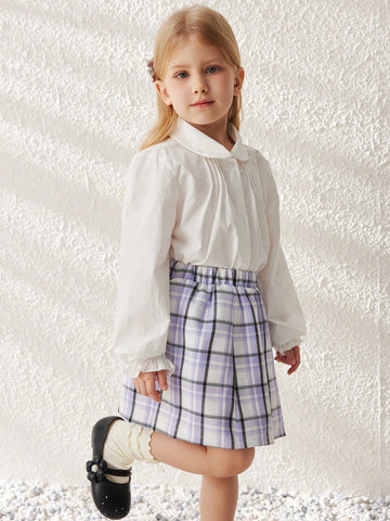 Blossori Young Girls Pleated Purple Plaid Flared Skirt With Elastic Waistband, Autumn/Winter Blossori Young Girls Pleated Purple Plaid Flared Skirt With Elastic Waistband, Autumn/Winter