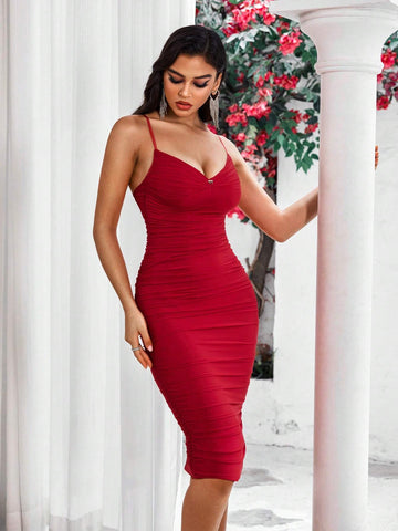 Bodycon Midi Spaghetti Straps V-Neck Ruched Form-Fitting Sexy Cocktail Party Attire Chic Shapewear Dress, Elegant Prom Semi Formal Dress, For Birthday, Wedding Guest, Graduation, Dinner, Homecoming Bodycon Midi Spaghetti Straps V-Neck Ruched Form-Fitting Sexy Cocktail Party Attire Chic Shapewear Dress, Elegant Prom Semi Formal Dress, For Birthday, Wedding Guest, Graduation, Dinner, Homecoming