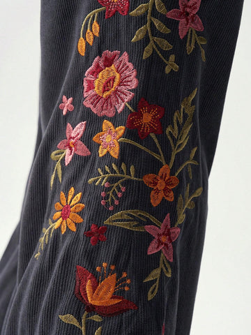 Bohemela Floral Embroidery Decor Low-Waist Flare Pants For Women, Vacation Bohemela Floral Embroidery Decor Low-Waist Flare Pants For Women, Vacation