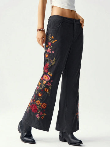 Bohemela Floral Embroidery Decor Low-Waist Flare Pants For Women, Vacation Bohemela Floral Embroidery Decor Low-Waist Flare Pants For Women, Vacation
