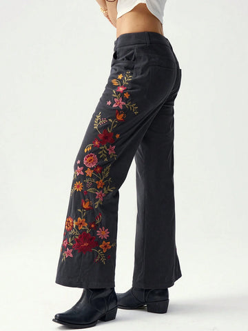 Bohemela Floral Embroidery Decor Low-Waist Flare Pants For Women, Vacation Bohemela Floral Embroidery Decor Low-Waist Flare Pants For Women, Vacation