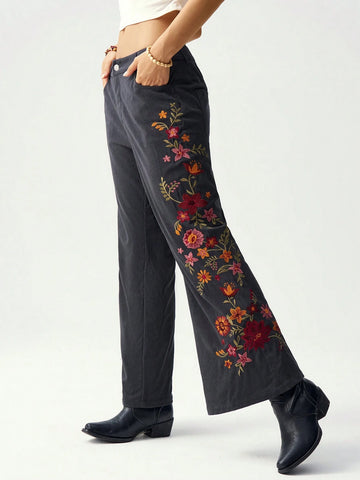 Bohemela Floral Embroidery Decor Low-Waist Flare Pants For Women, Vacation Bohemela Floral Embroidery Decor Low-Waist Flare Pants For Women, Vacation
