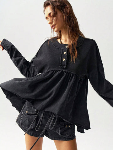 Oversized Vacation Knit Drop Shoulder Round Neck Asymmetrical Hem Washed Women T-Shirt Oversized Vacation Knit Drop Shoulder Round Neck Asymmetrical Hem Washed Women T-Shirt