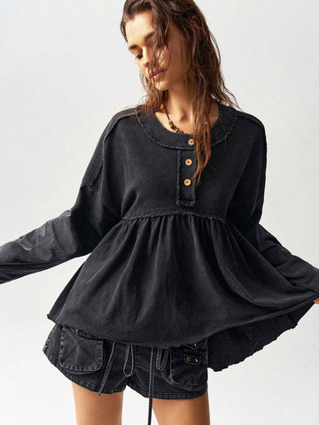 Oversized Vacation Knit Drop Shoulder Round Neck Asymmetrical Hem Washed Women T-Shirt Oversized Vacation Knit Drop Shoulder Round Neck Asymmetrical Hem Washed Women T-Shirt