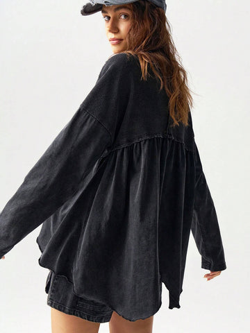 Oversized Vacation Knit Drop Shoulder Round Neck Asymmetrical Hem Washed Women T-Shirt Oversized Vacation Knit Drop Shoulder Round Neck Asymmetrical Hem Washed Women T-Shirt