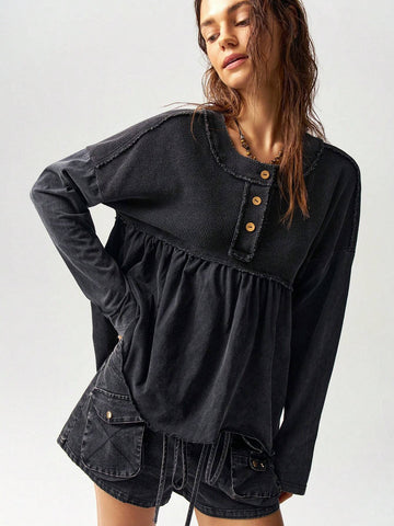 Oversized Vacation Knit Drop Shoulder Round Neck Asymmetrical Hem Washed Women T-Shirt Oversized Vacation Knit Drop Shoulder Round Neck Asymmetrical Hem Washed Women T-Shirt