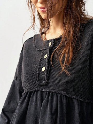 Oversized Vacation Knit Drop Shoulder Round Neck Asymmetrical Hem Washed Women T-Shirt Oversized Vacation Knit Drop Shoulder Round Neck Asymmetrical Hem Washed Women T-Shirt