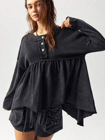 Oversized Vacation Knit Drop Shoulder Round Neck Asymmetrical Hem Washed Women T-Shirt Oversized Vacation Knit Drop Shoulder Round Neck Asymmetrical Hem Washed Women T-Shirt