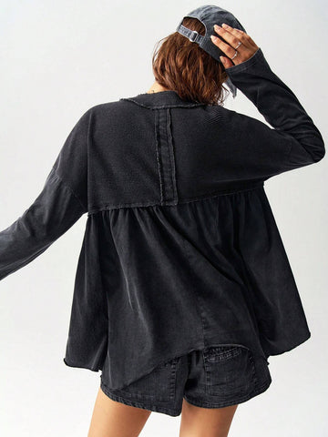 Oversized Vacation Knit Drop Shoulder Round Neck Asymmetrical Hem Washed Women T-Shirt Oversized Vacation Knit Drop Shoulder Round Neck Asymmetrical Hem Washed Women T-Shirt