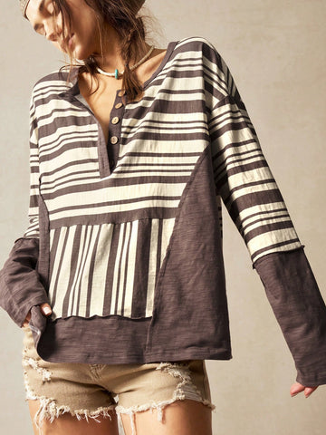 Bohemela Vacation Casual Solid Color Knit Patchwork Woven Striped Lapel Off Shoulder Long Sleeve Loose Women Blouse Bohemela Vacation Casual Solid Color Knit Patchwork Woven Striped Lapel Off Shoulder Long Sleeve Loose Women Blouse