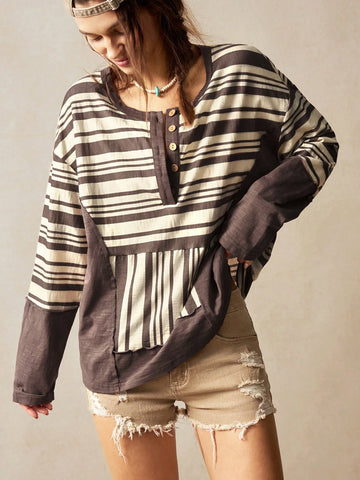 Bohemela Vacation Casual Solid Color Knit Patchwork Woven Striped Lapel Off Shoulder Long Sleeve Loose Women Blouse Bohemela Vacation Casual Solid Color Knit Patchwork Woven Striped Lapel Off Shoulder Long Sleeve Loose Women Blouse