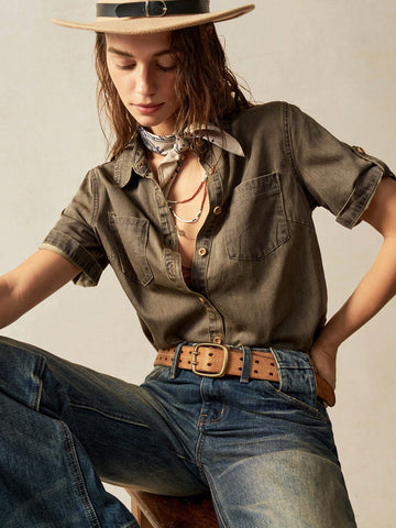 Women's Casual Solid Color Woven Loose Long Sleeve Shirt Women's Casual Solid Color Woven Loose Long Sleeve Shirt