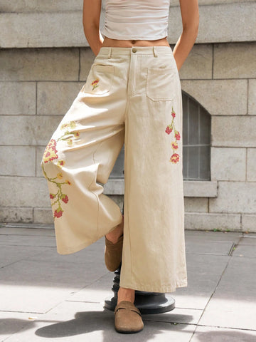 Bohemela Women's Loose Fit Pixelated Embroidery Decorated Wide Leg Pants With Front Button Pockets, Casual Vacation Bohemela Women's Loose Fit Pixelated Embroidery Decorated Wide Leg Pants With Front Button Pockets, Casual Vacation