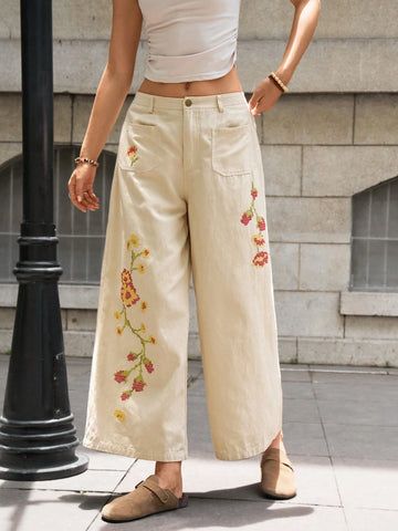Bohemela Women's Loose Fit Pixelated Embroidery Decorated Wide Leg Pants With Front Button Pockets, Casual Vacation Bohemela Women's Loose Fit Pixelated Embroidery Decorated Wide Leg Pants With Front Button Pockets, Casual Vacation