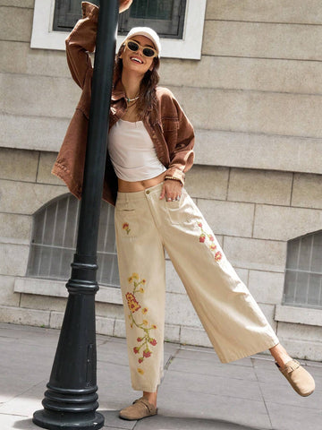 Bohemela Women's Loose Fit Pixelated Embroidery Decorated Wide Leg Pants With Front Button Pockets, Casual Vacation Bohemela Women's Loose Fit Pixelated Embroidery Decorated Wide Leg Pants With Front Button Pockets, Casual Vacation