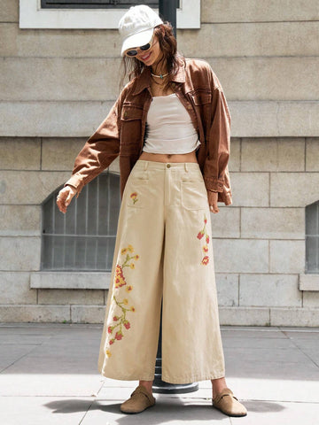 Bohemela Women's Loose Fit Pixelated Embroidery Decorated Wide Leg Pants With Front Button Pockets, Casual Vacation Bohemela Women's Loose Fit Pixelated Embroidery Decorated Wide Leg Pants With Front Button Pockets, Casual Vacation
