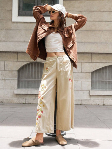 Bohemela Women's Loose Fit Pixelated Embroidery Decorated Wide Leg Pants With Front Button Pockets, Casual Vacation Bohemela Women's Loose Fit Pixelated Embroidery Decorated Wide Leg Pants With Front Button Pockets, Casual Vacation