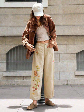 Bohemela Women's Loose Fit Pixelated Embroidery Decorated Wide Leg Pants With Front Button Pockets, Casual Vacation Bohemela Women's Loose Fit Pixelated Embroidery Decorated Wide Leg Pants With Front Button Pockets, Casual Vacation