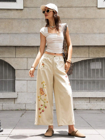 Bohemela Women's Loose Fit Pixelated Embroidery Decorated Wide Leg Pants With Front Button Pockets, Casual Vacation Bohemela Women's Loose Fit Pixelated Embroidery Decorated Wide Leg Pants With Front Button Pockets, Casual Vacation