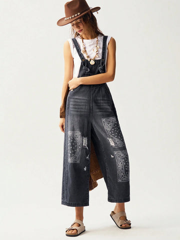 Bohemela Woven Denim Patchwork Paisley Pattern Fabric Loose Strap Pants Bohemela Woven Denim Patchwork Paisley Pattern Fabric Loose Strap Pants