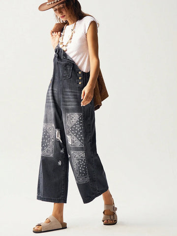 Bohemela Woven Denim Patchwork Paisley Pattern Fabric Loose Strap Pants Bohemela Woven Denim Patchwork Paisley Pattern Fabric Loose Strap Pants