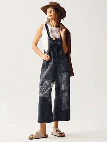 Bohemela Woven Denim Patchwork Paisley Pattern Fabric Loose Strap Pants Bohemela Woven Denim Patchwork Paisley Pattern Fabric Loose Strap Pants