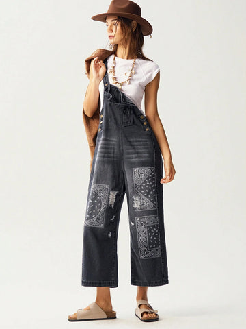 Bohemela Woven Denim Patchwork Paisley Pattern Fabric Loose Strap Pants Bohemela Woven Denim Patchwork Paisley Pattern Fabric Loose Strap Pants