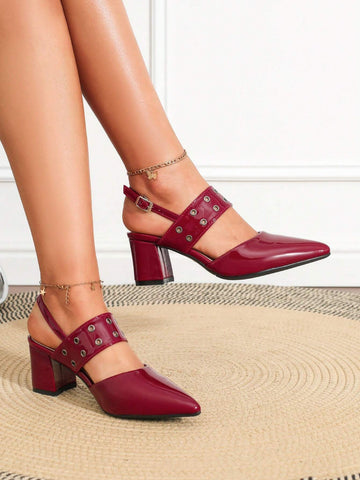 Bordeaux Red Foot Strap Handmade Rivet Combined Adjustable Buckle Chunky Heel Pumps Bordeaux Red Foot Strap Handmade Rivet Combined Adjustable Buckle Chunky Heel Pumps