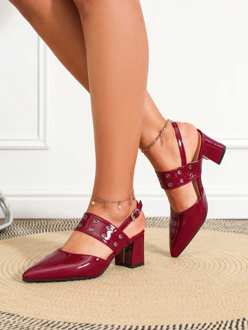 Bordeaux Red Foot Strap Handmade Rivet Combined Adjustable Buckle Chunky Heel Pumps Bordeaux Red Foot Strap Handmade Rivet Combined Adjustable Buckle Chunky Heel Pumps