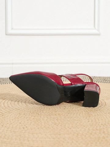Bordeaux Red Foot Strap Handmade Rivet Combined Adjustable Buckle Chunky Heel Pumps Bordeaux Red Foot Strap Handmade Rivet Combined Adjustable Buckle Chunky Heel Pumps