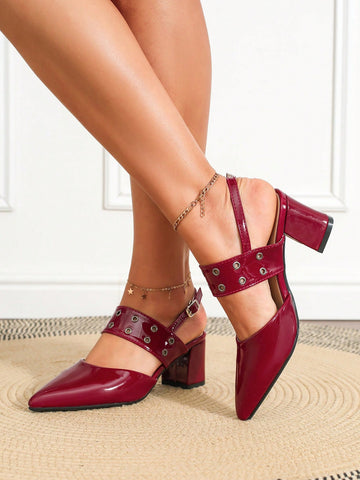 Bordeaux Red Foot Strap Handmade Rivet Combined Adjustable Buckle Chunky Heel Pumps Bordeaux Red Foot Strap Handmade Rivet Combined Adjustable Buckle Chunky Heel Pumps