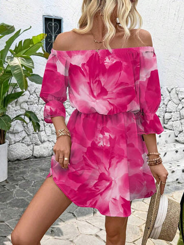 Breezaya Off-Shoulder Printed Dress With Waist Belt Vacation Beach Outfits Women Breezaya Off-Shoulder Printed Dress With Waist Belt Vacation Beach Outfits Women