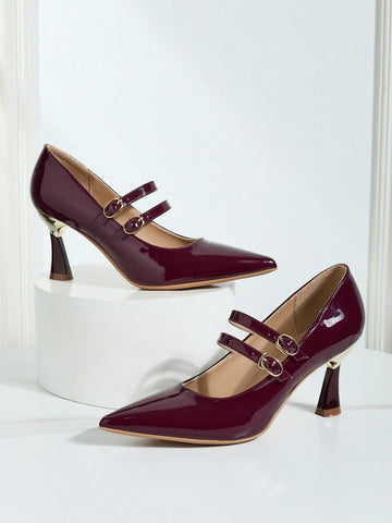 Burgundy Mary Jane High Heel Shoes, Women's Pointed Toe Slim High Heels, Versatile Burgundy Mary Jane High Heel Shoes, Women's Pointed Toe Slim High Heels, Versatile