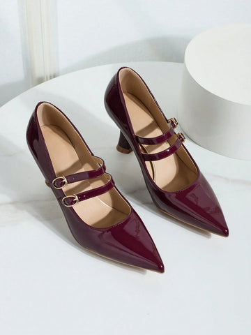 Burgundy Mary Jane High Heel Shoes, Women's Pointed Toe Slim High Heels, Versatile Burgundy Mary Jane High Heel Shoes, Women's Pointed Toe Slim High Heels, Versatile