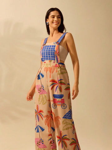 CAJUNI Boho Printed Women's Pants, Large Pockets Long-Strap Jumpsuit, Casual Beach And Vacation One-Piece Pants For Summer CAJUNI Boho Printed Women's Pants, Large Pockets Long-Strap Jumpsuit, Casual Beach And Vacation One-Piece Pants For Summer