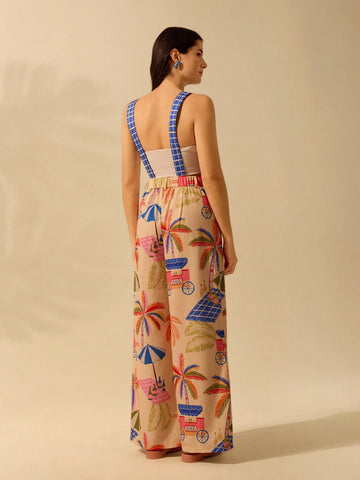CAJUNI Boho Printed Women's Pants, Large Pockets Long-Strap Jumpsuit, Casual Beach And Vacation One-Piece Pants For Summer CAJUNI Boho Printed Women's Pants, Large Pockets Long-Strap Jumpsuit, Casual Beach And Vacation One-Piece Pants For Summer