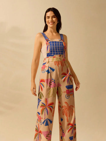 CAJUNI Boho Printed Women's Pants, Large Pockets Long-Strap Jumpsuit, Casual Beach And Vacation One-Piece Pants For Summer CAJUNI Boho Printed Women's Pants, Large Pockets Long-Strap Jumpsuit, Casual Beach And Vacation One-Piece Pants For Summer