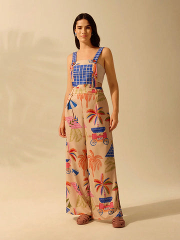 CAJUNI Boho Printed Women's Pants, Large Pockets Long-Strap Jumpsuit, Casual Beach And Vacation One-Piece Pants For Summer CAJUNI Boho Printed Women's Pants, Large Pockets Long-Strap Jumpsuit, Casual Beach And Vacation One-Piece Pants For Summer