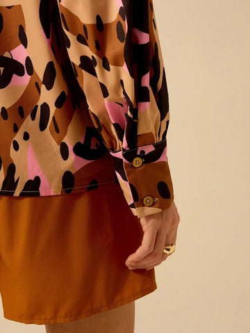 Boho Tropical Leopard Print Dropped Shoulder Long Sleeve Loose Women Blouse, Casual Holiday Beach Wear, Summer Boho Tropical Leopard Print Dropped Shoulder Long Sleeve Loose Women Blouse, Casual Holiday Beach Wear, Summer