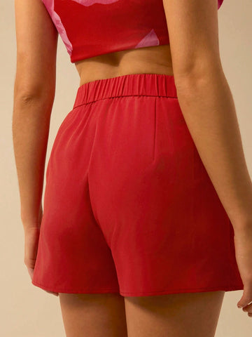 CAJUNI Women Vacation Boho Casual Tropical Low-Waistline Pantskirt Red Summer Mini Shorts CAJUNI Women Vacation Boho Casual Tropical Low-Waistline Pantskirt Red Summer Mini Shorts