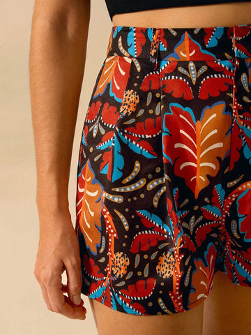 CAJUNI Women's Boho Coconut Tree Tropical Print Black Mini Shorts, Casual Summer Vacation Shorts CAJUNI Women's Boho Coconut Tree Tropical Print Black Mini Shorts, Casual Summer Vacation Shorts