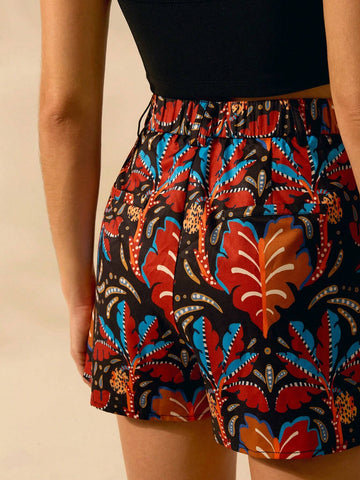 CAJUNI Women's Boho Coconut Tree Tropical Print Black Mini Shorts, Casual Summer Vacation Shorts CAJUNI Women's Boho Coconut Tree Tropical Print Black Mini Shorts, Casual Summer Vacation Shorts