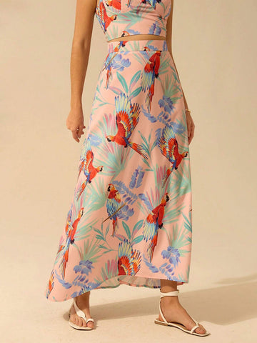 CAJUNI Women's Boho Colorful Parrot Pattern Maxi Casual Vacation Skirt, For Summer CAJUNI Women's Boho Colorful Parrot Pattern Maxi Casual Vacation Skirt, For Summer