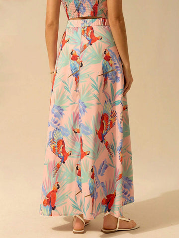CAJUNI Women's Boho Colorful Parrot Pattern Maxi Casual Vacation Skirt, For Summer CAJUNI Women's Boho Colorful Parrot Pattern Maxi Casual Vacation Skirt, For Summer