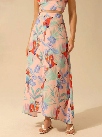 CAJUNI Women's Boho Colorful Parrot Pattern Maxi Casual Vacation Skirt, For Summer CAJUNI Women's Boho Colorful Parrot Pattern Maxi Casual Vacation Skirt, For Summer